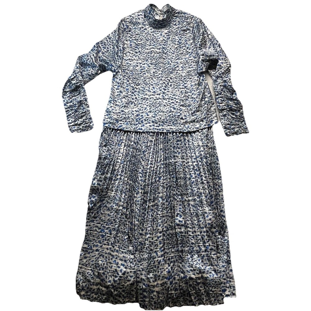Hunter Bell Blouse & Skirt Set Womens M/10 Silver Blue Isabella Pleated Luxury
